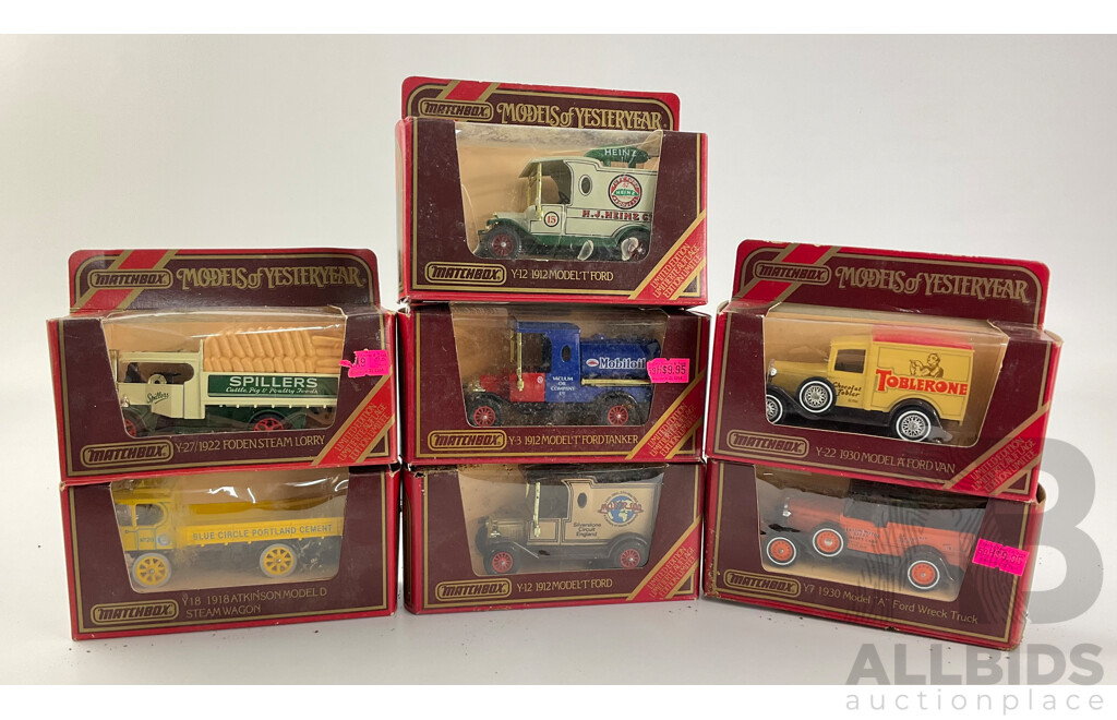 Collection of Matchbox Models of Yesteryear Company Trucks Including Ford Model 'A' and 'T' Vans, Tanker and Wreck Truck, Atkinson Steam Wagon, Foden Steam Wagon