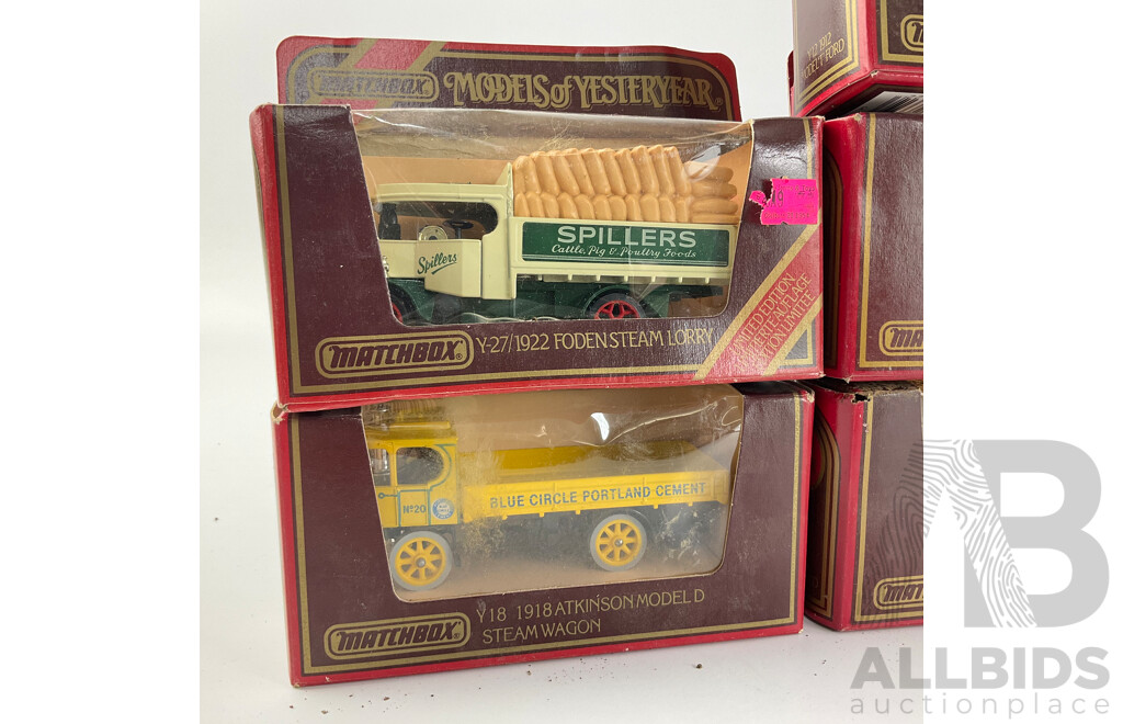 Collection of Matchbox Models of Yesteryear Company Trucks Including Ford Model 'A' and 'T' Vans, Tanker and Wreck Truck, Atkinson Steam Wagon, Foden Steam Wagon