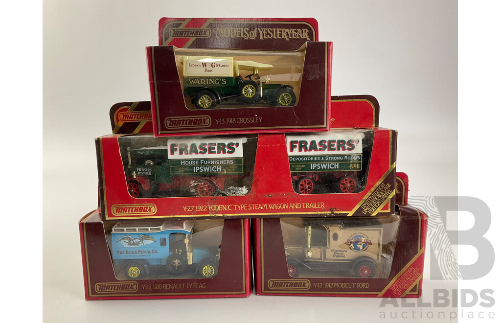 Collection of Matchbox Models of Yesteryear Company Trucks Including Ford Model 'T' Crossley, Renault, and Foden Steam Wagon and Trailer