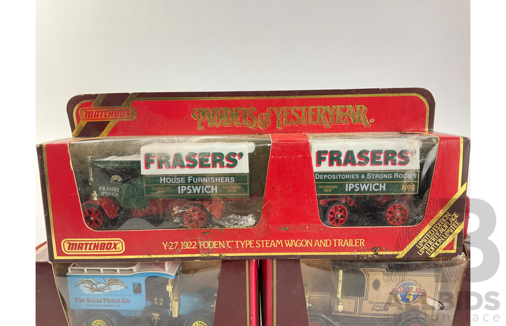 Collection of Matchbox Models of Yesteryear Company Trucks Including Ford Model 'T' Crossley, Renault, and Foden Steam Wagon and Trailer