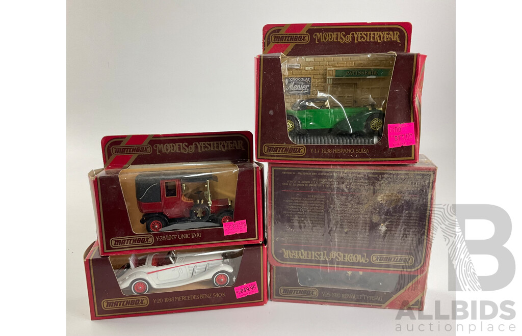 Collection of Matchbox Models of Yesteryear Classic Vehicles Including Mercedes 540K Unic Taxi, Hispano Suiza and Two 1910 Renault Type AG in Original Wrapping