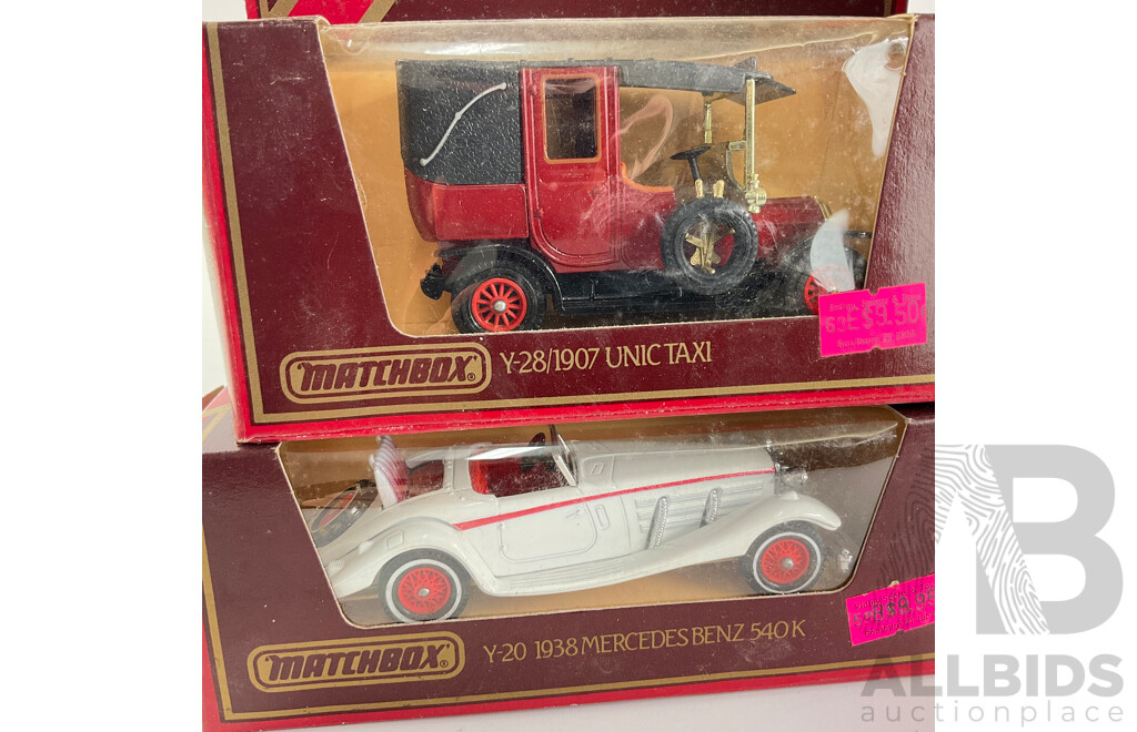 Collection of Matchbox Models of Yesteryear Classic Vehicles Including Mercedes 540K Unic Taxi, Hispano Suiza and Two 1910 Renault Type AG in Original Wrapping