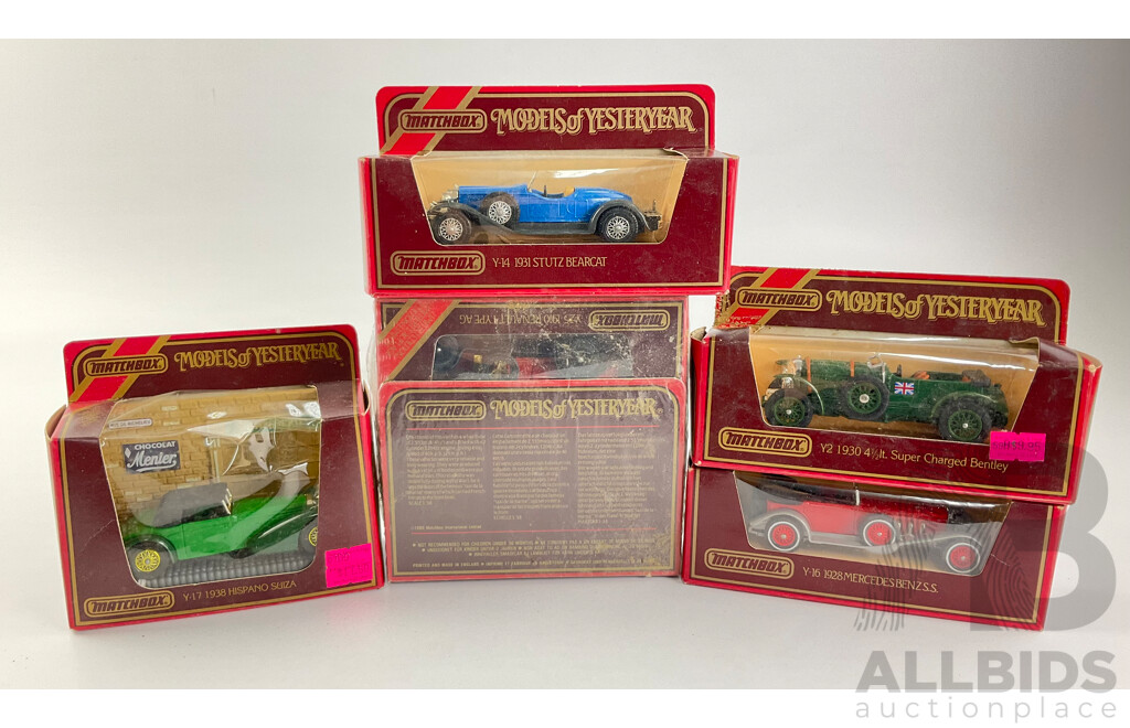 Collection of Matchbox Models of Yesteryear Classic Vehicles Including Stutz Bearcat, Bentley, Mercedes, Hispano Suiza and Two 1910 Renault Type AG in Original Wrapping