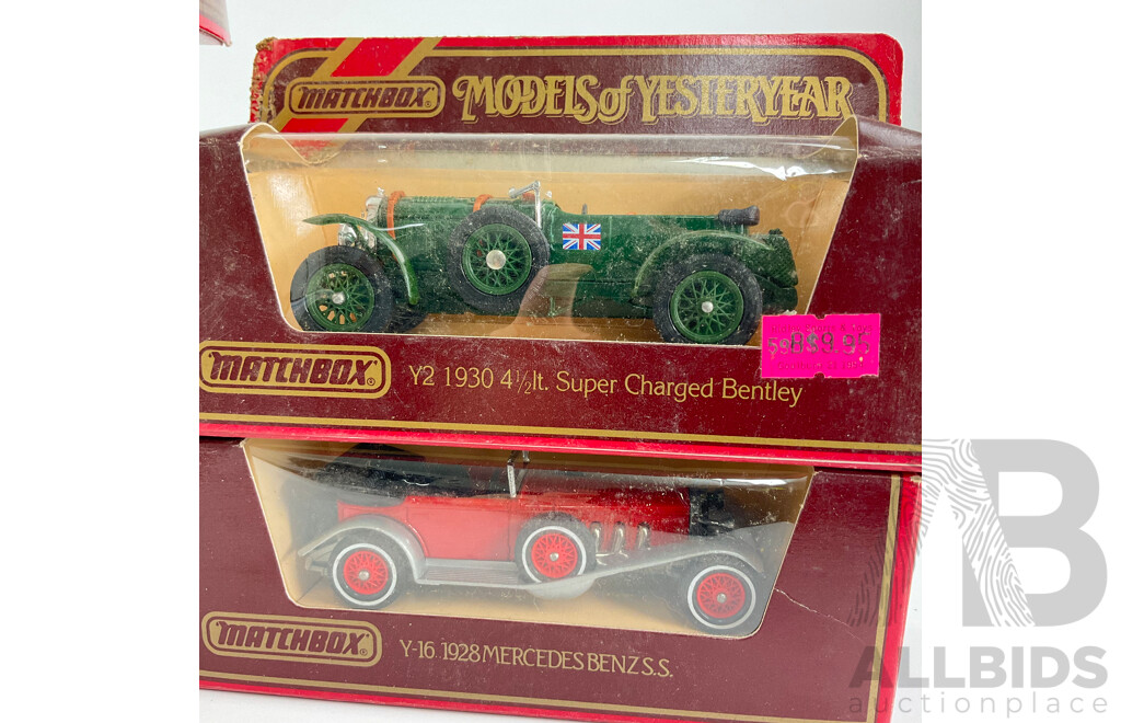 Collection of Matchbox Models of Yesteryear Classic Vehicles Including Stutz Bearcat, Bentley, Mercedes, Hispano Suiza and Two 1910 Renault Type AG in Original Wrapping