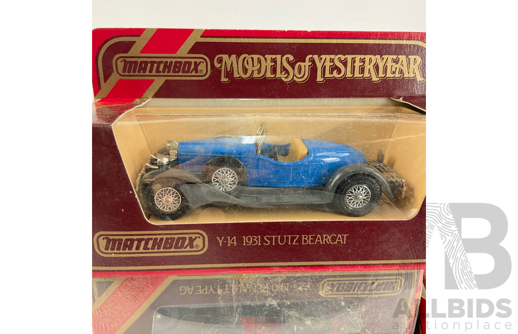 Collection of Matchbox Models of Yesteryear Classic Vehicles Including Stutz Bearcat, Bentley, Mercedes, Hispano Suiza and Two 1910 Renault Type AG in Original Wrapping