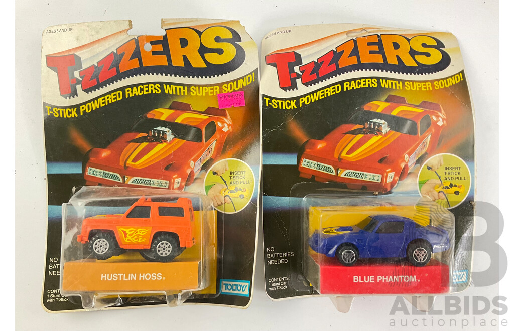 Two Vintage Toltoys T-zzzers T Stick Powered Racers, Blue Phantom and Hustlin Hoss in Original Packaging