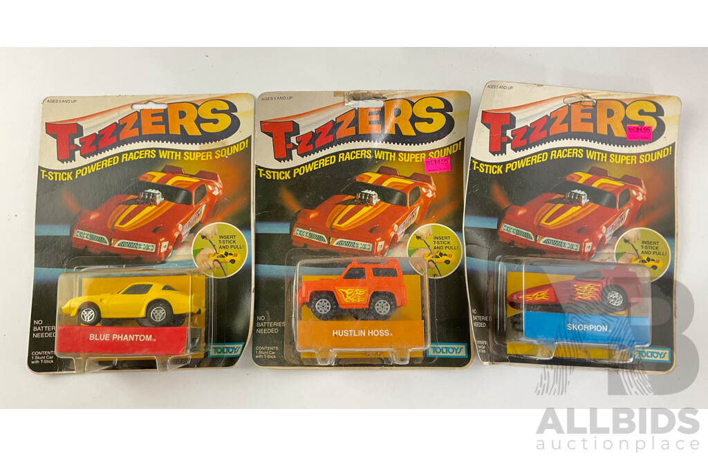 Vintage Toltoys T-zzzers T Stick Powered Racers, Blue Phantom, Skorpion and Hustlin Hoss in Original Packaging