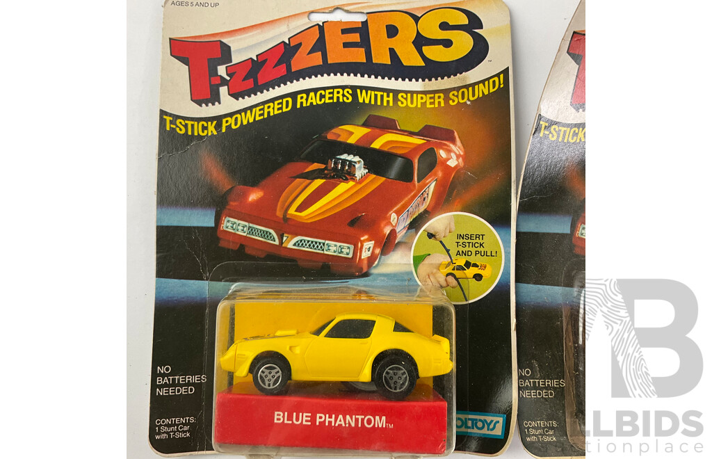 Vintage Toltoys T-zzzers T Stick Powered Racers, Blue Phantom, Skorpion and Hustlin Hoss in Original Packaging