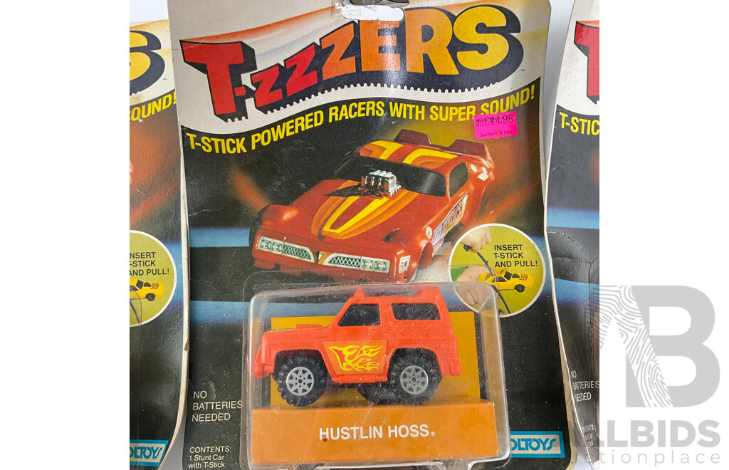 Vintage Toltoys T-zzzers T Stick Powered Racers, Blue Phantom, Skorpion and Hustlin Hoss in Original Packaging