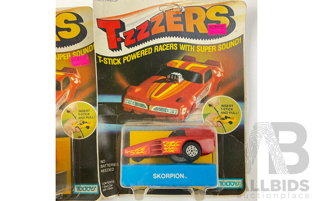 Vintage Toltoys T-zzzers T Stick Powered Racers, Blue Phantom, Skorpion and Hustlin Hoss in Original Packaging