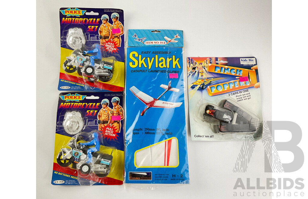 Vintage Ace Toy Motorcycle Sets Kidz Biz Pinch Popper and Skylark Catapult Launched Glider