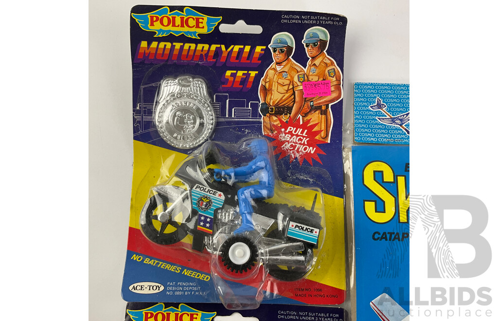 Vintage Ace Toy Motorcycle Sets Kidz Biz Pinch Popper and Skylark Catapult Launched Glider