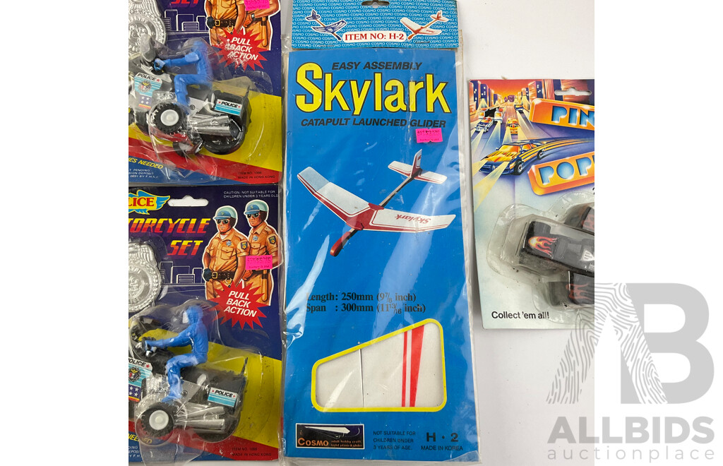 Vintage Ace Toy Motorcycle Sets Kidz Biz Pinch Popper and Skylark Catapult Launched Glider