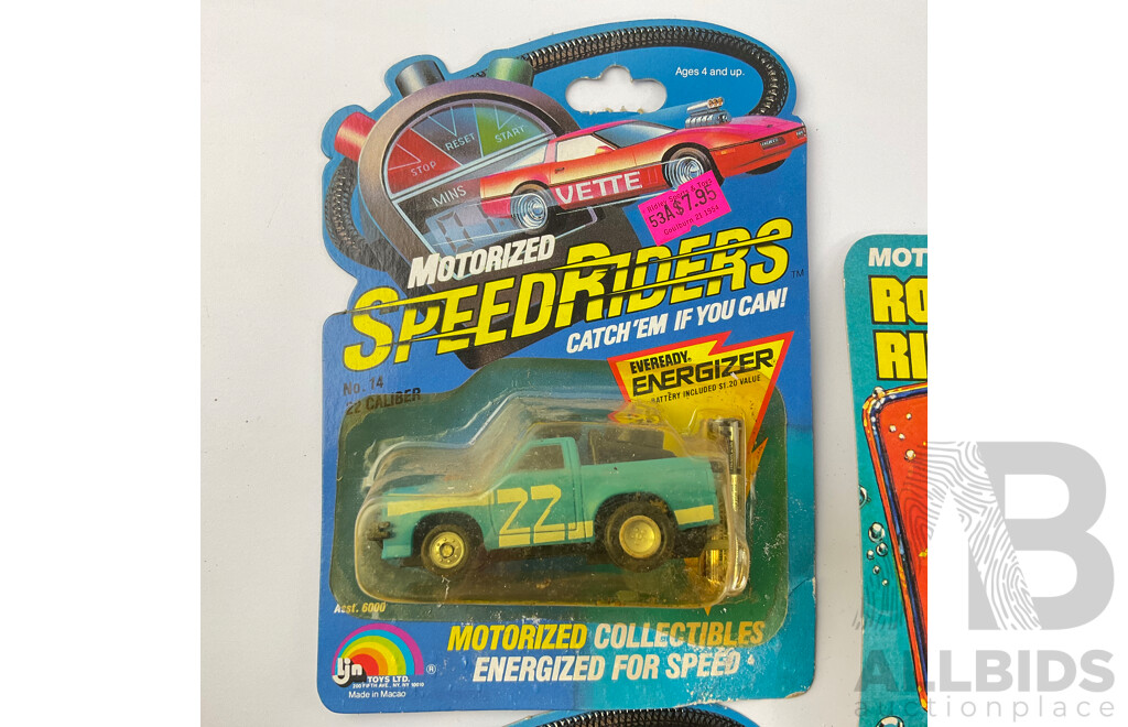 Three Vintage LJN Toys Including Rough Riders Water Divers Cuda, Motorized Speed Riders Baja Beast and 22 Caliber, All in Original Packaging