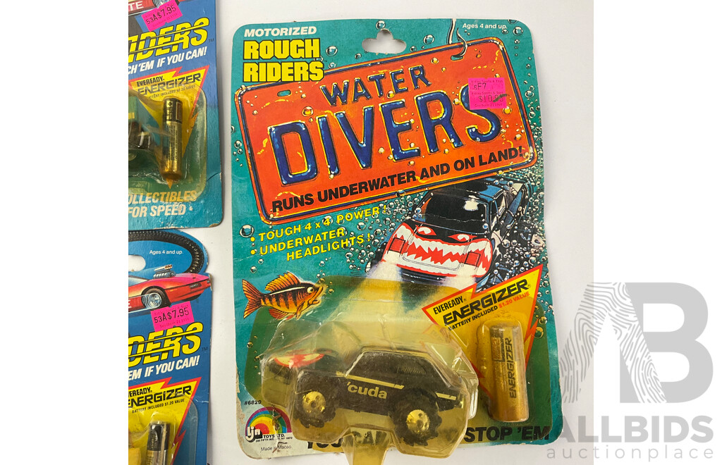 Three Vintage LJN Toys Including Rough Riders Water Divers Cuda, Motorized Speed Riders Baja Beast and 22 Caliber, All in Original Packaging