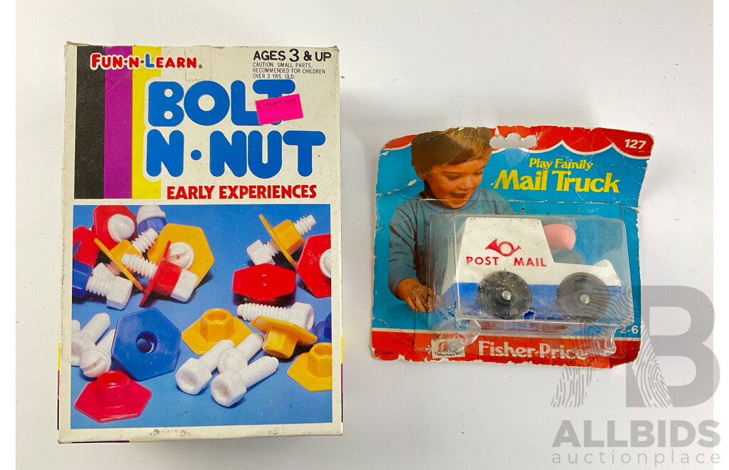 Vintage Fisher Price Play Family Mail Truck and Eagle School Fun*N*Learn Bolt N Nut Set, Both in Original Packaging