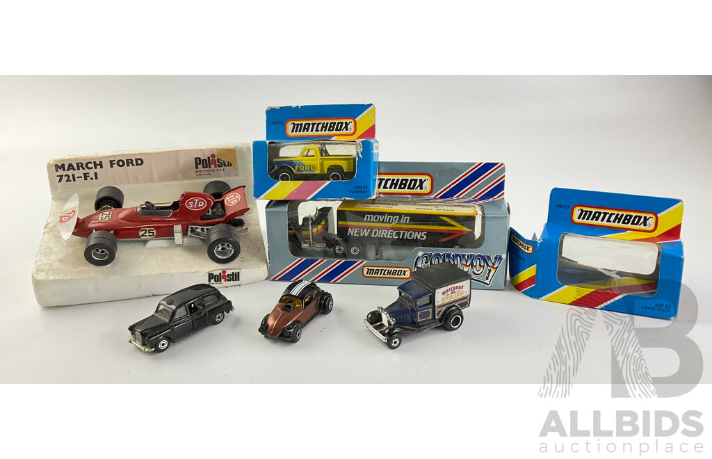 Collection of Diecast Vehicles Including Matchbox Convoy Truck with Distributors Sticker, Flareside, Ford Model 'A' Speed Shop, VW Dragster, UK Taxi and Polistil Mach Ford