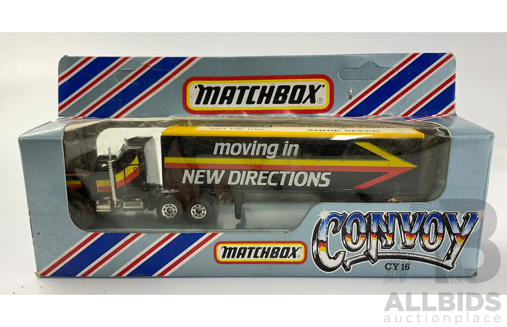 Collection of Diecast Vehicles Including Matchbox Convoy Truck with Distributors Sticker, Flareside, Ford Model 'A' Speed Shop, VW Dragster, UK Taxi and Polistil Mach Ford