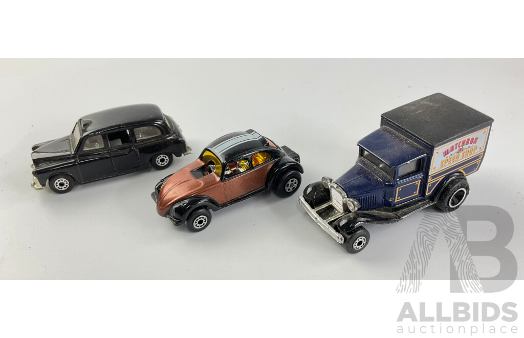 Collection of Diecast Vehicles Including Matchbox Convoy Truck with Distributors Sticker, Flareside, Ford Model 'A' Speed Shop, VW Dragster, UK Taxi and Polistil Mach Ford