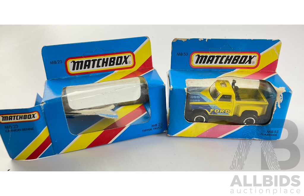 Collection of Diecast Vehicles Including Matchbox Convoy Truck with Distributors Sticker, Flareside, Ford Model 'A' Speed Shop, VW Dragster, UK Taxi and Polistil Mach Ford