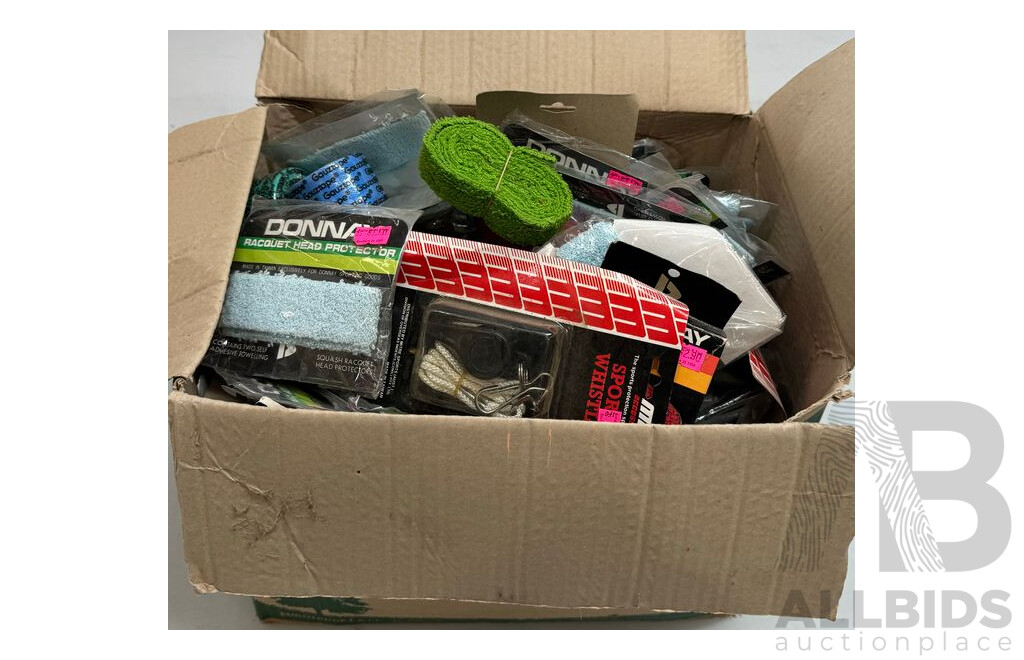 Box of Racquet Head Protecters, Sweat Bands, Whistles & Gauztape