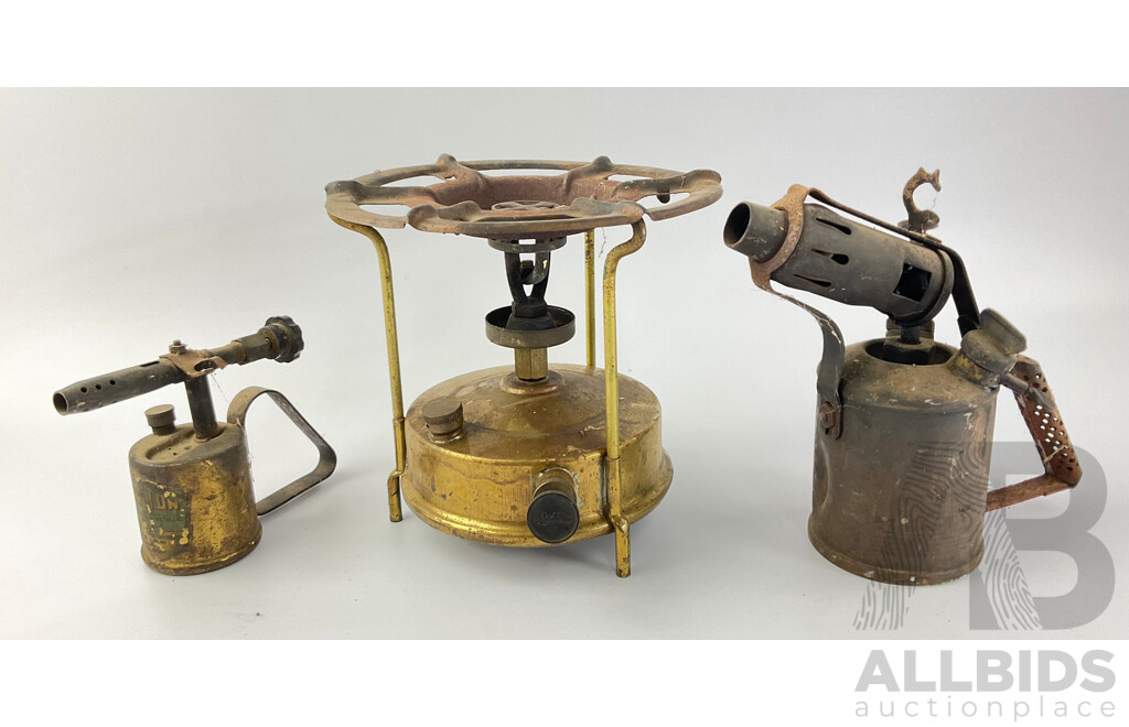 Vintage Brass Alladin Camping Stove, Small Darlton Blow Torch and Primus Blow Torch