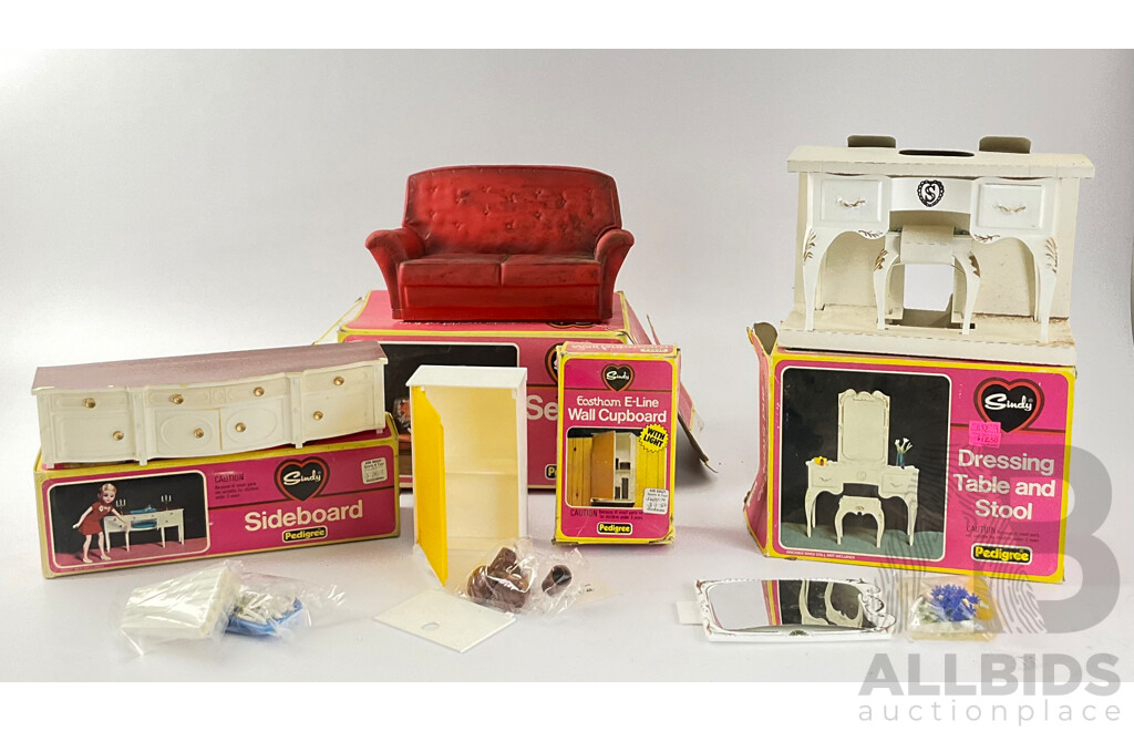 Vintage Pedigree Sindy Accessories Including Sideboard, Settee, Wall Cupboard and Dressing Table, All with Original Packaging