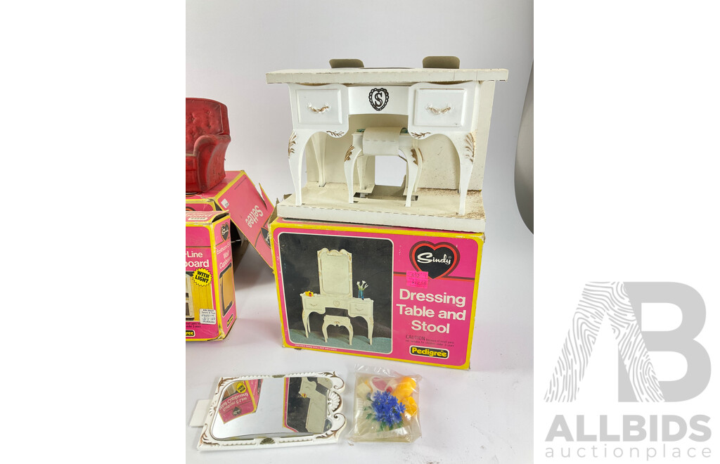 Vintage Pedigree Sindy Accessories Including Sideboard, Settee, Wall Cupboard and Dressing Table, All with Original Packaging