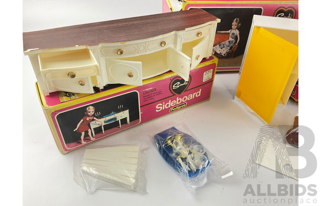 Vintage Pedigree Sindy Accessories Including Sideboard, Settee, Wall Cupboard and Dressing Table, All with Original Packaging