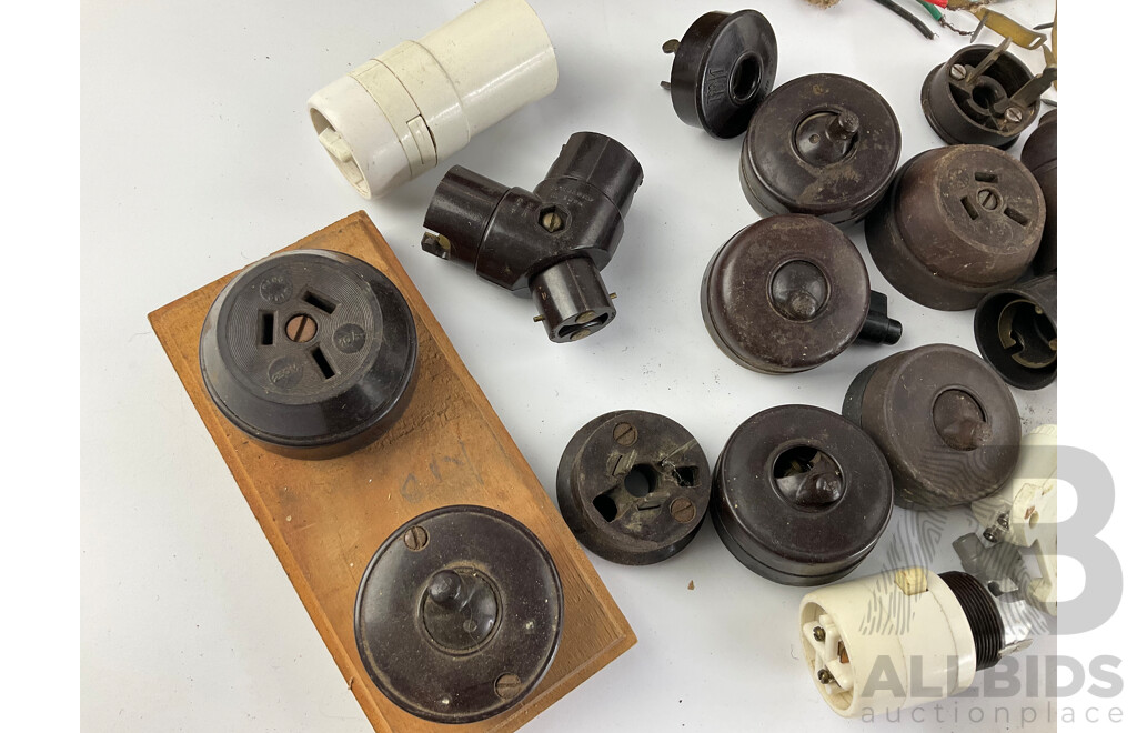 Collection of Vintage Electrical and Lighting Including Regal Aluminium Desk Lamp, Ring Grip Bakelite Switches and Power Points, Westinghouse Fuse Block with Original Box and More