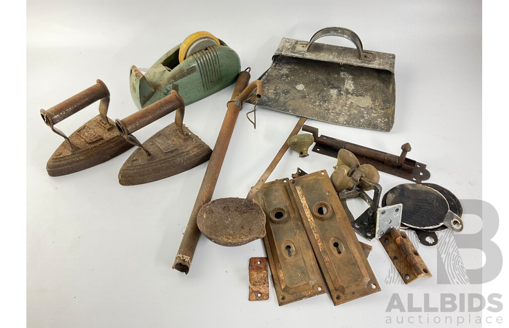 Collection of Vintage Items Including Hand Irons, Art Deco Cast Iron Tape Dispenser, Blacksmith Ladle, Dust Pan, Door Knobs and Hinges