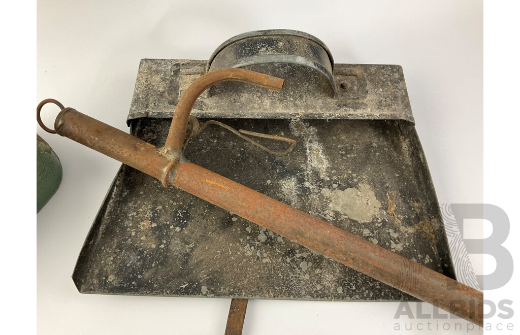 Collection of Vintage Items Including Hand Irons, Art Deco Cast Iron Tape Dispenser, Blacksmith Ladle, Dust Pan, Door Knobs and Hinges