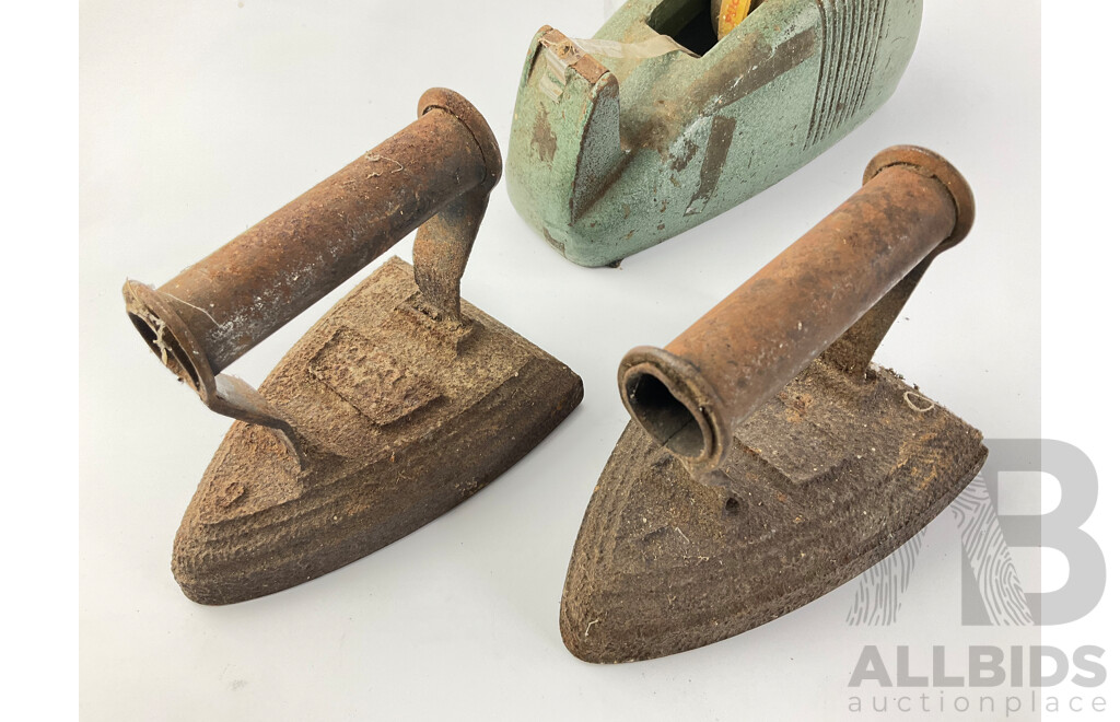 Collection of Vintage Items Including Hand Irons, Art Deco Cast Iron Tape Dispenser, Blacksmith Ladle, Dust Pan, Door Knobs and Hinges