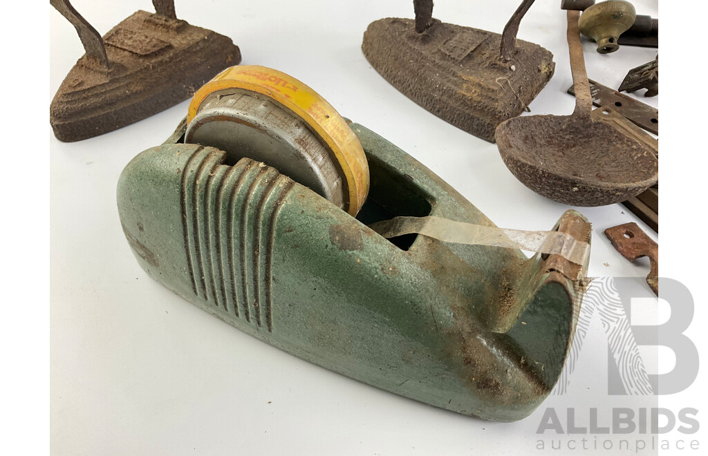 Collection of Vintage Items Including Hand Irons, Art Deco Cast Iron Tape Dispenser, Blacksmith Ladle, Dust Pan, Door Knobs and Hinges