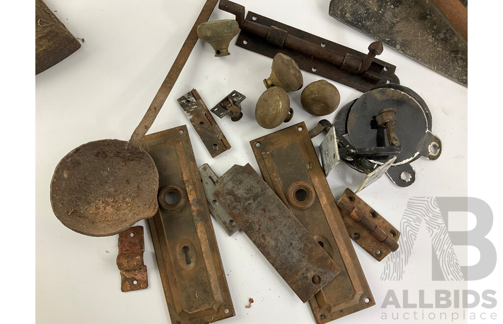 Collection of Vintage Items Including Hand Irons, Art Deco Cast Iron Tape Dispenser, Blacksmith Ladle, Dust Pan, Door Knobs and Hinges