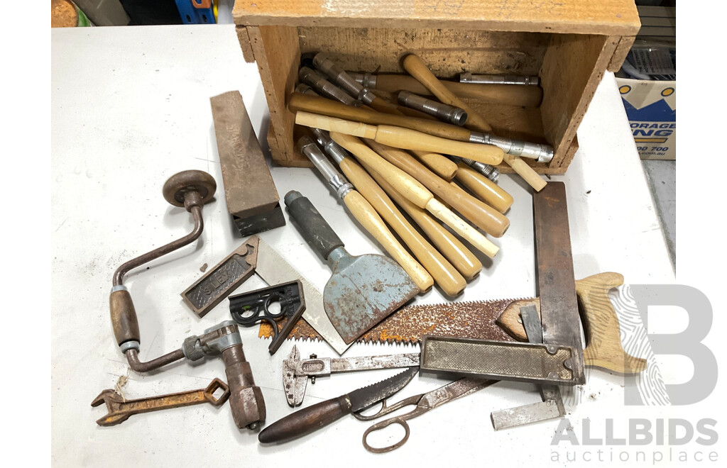 Collection of Vintage Tools Including Squares, Breast Drill, Stahwille Socket Set, Saw, Vernier Calipers, Garden Tool Handles