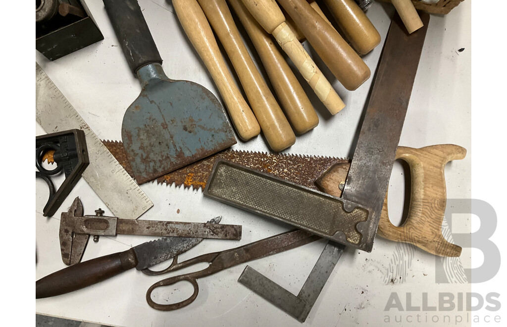 Collection of Vintage Tools Including Squares, Breast Drill, Stahwille Socket Set, Saw, Vernier Calipers, Garden Tool Handles