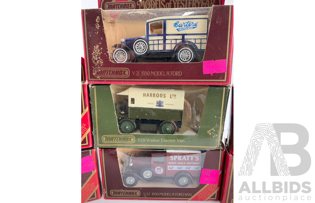 Collection of Matchbox Models of Yesteryear Company Vans and Trucks Including 1918 Crossley Lorry, 1930 Ford Model 'A' Vans, 1922 Foden Steam Lorry, Walker Electric Van