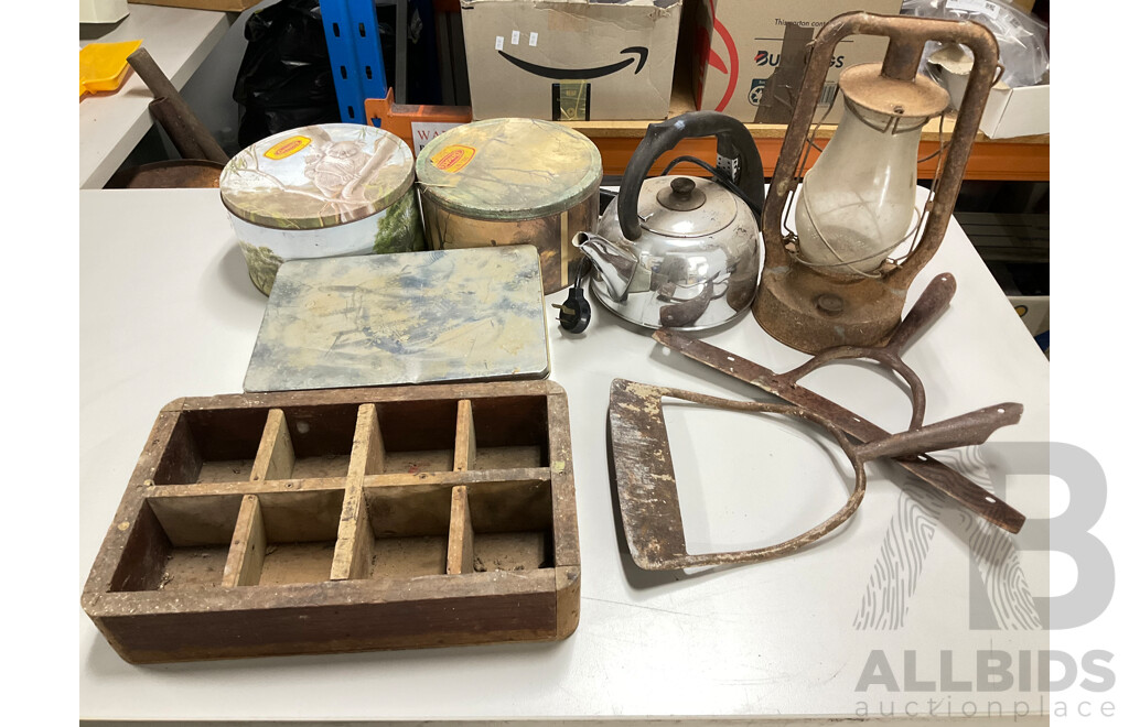 Collection of Vintage Items Including Lanora Kerosene Lamp, Langco Chrome Kettle, Garden Tools, Timber Compartment Box and Arnotts Biscuit Tins