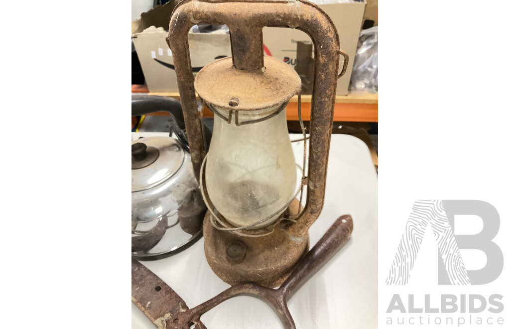 Collection of Vintage Items Including Lanora Kerosene Lamp, Langco Chrome Kettle, Garden Tools, Timber Compartment Box and Arnotts Biscuit Tins