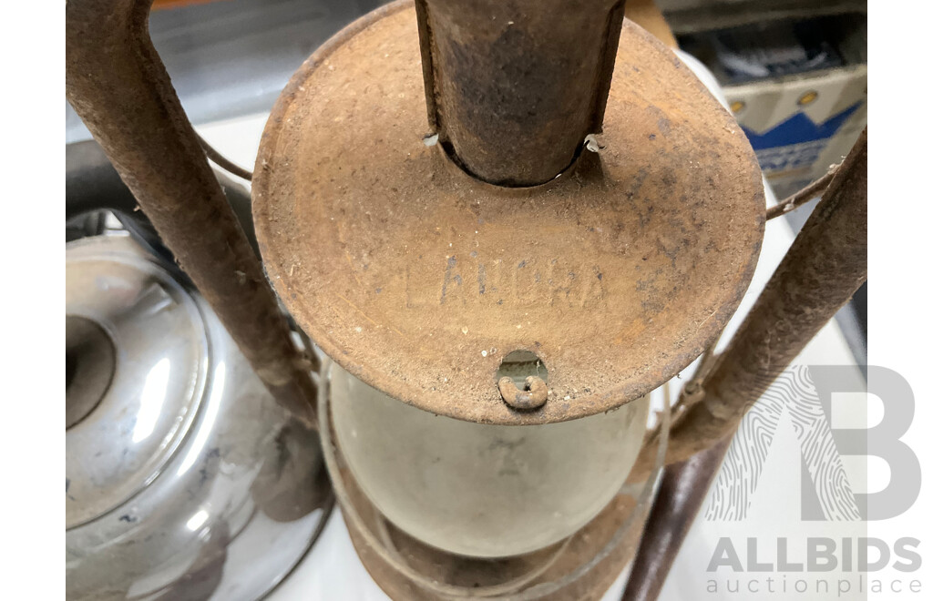 Collection of Vintage Items Including Lanora Kerosene Lamp, Langco Chrome Kettle, Garden Tools, Timber Compartment Box and Arnotts Biscuit Tins