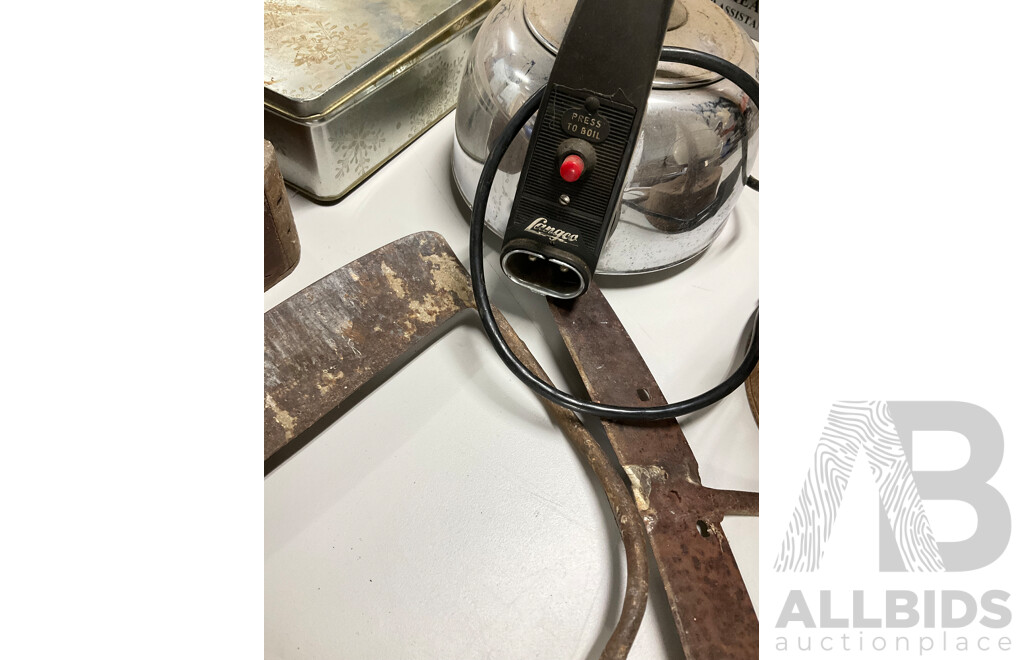 Collection of Vintage Items Including Lanora Kerosene Lamp, Langco Chrome Kettle, Garden Tools, Timber Compartment Box and Arnotts Biscuit Tins