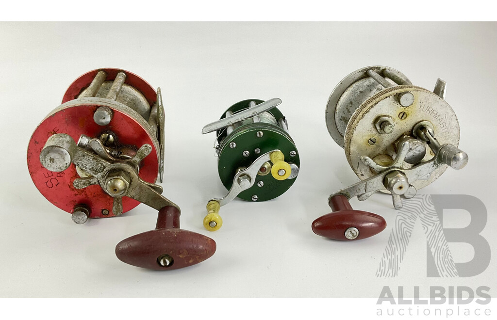 Vintage Aluminium Fishing Reels Including  Surfmaster, Shakespeare Classic 1972, Wallsend Engineering Seascape