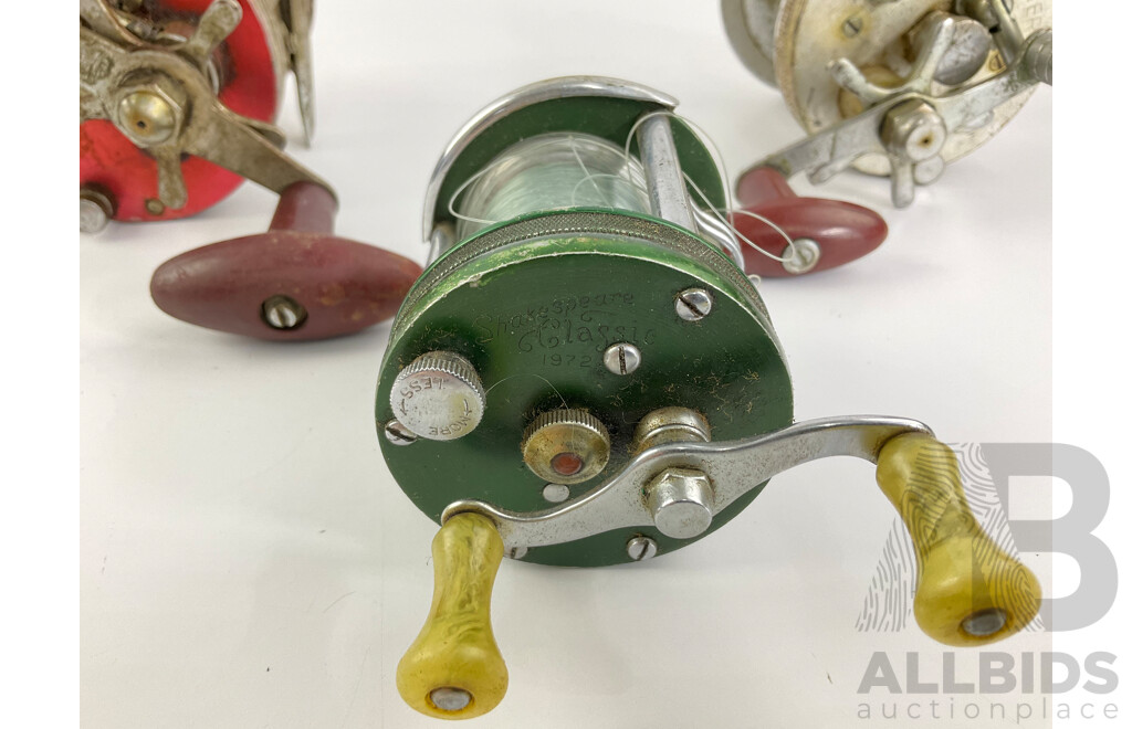 Vintage Aluminium Fishing Reels Including  Surfmaster, Shakespeare Classic 1972, Wallsend Engineering Seascape