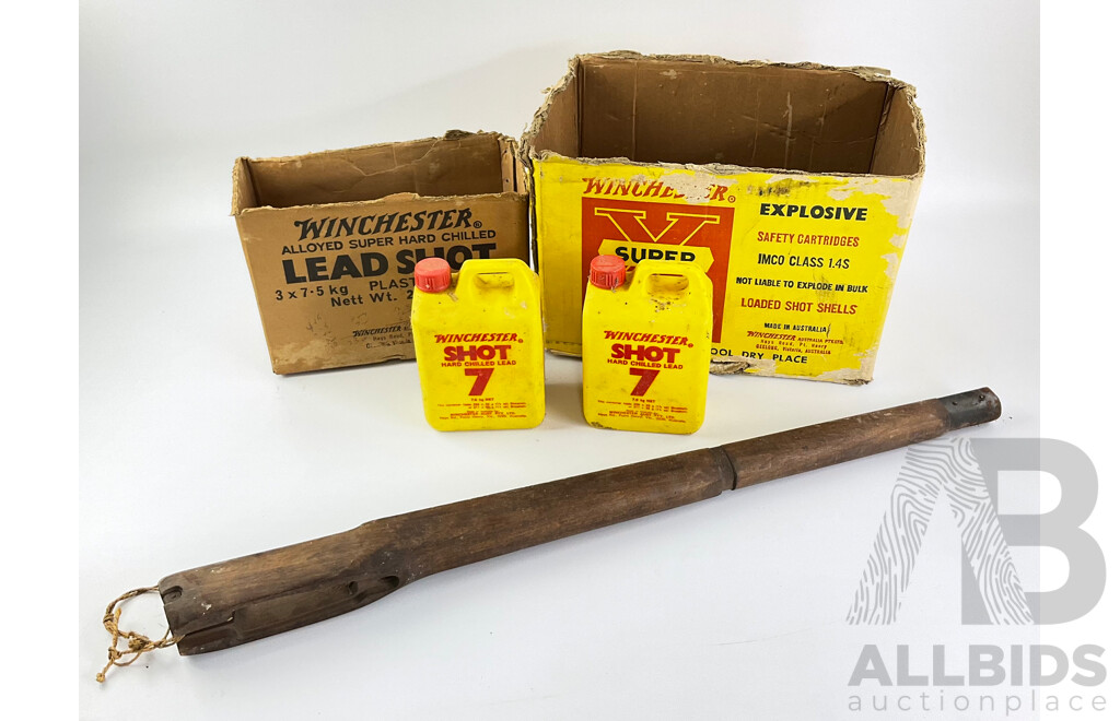 Vintage Winchester Australia Boxes, Shot Bottles and Timber Rifle Stock