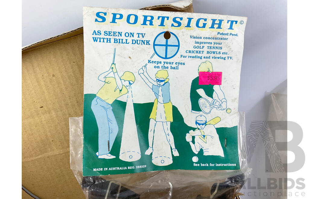 Collection of Vintage Sports Items Including Onitsuka Tiger Spikes and Shoe Laces, Mitre Cricket Balls and Whistle, Team Trouser Protect, Sport Sight Glasses, Shuttlecocks