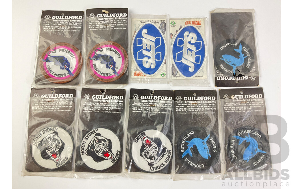 1980's Guildford ARL Teams Embroidered Patches Including New Town Jets, North Sydney Bears, Cronulla Sutherland Sharks, Penrith Panthers, All with Original Packets