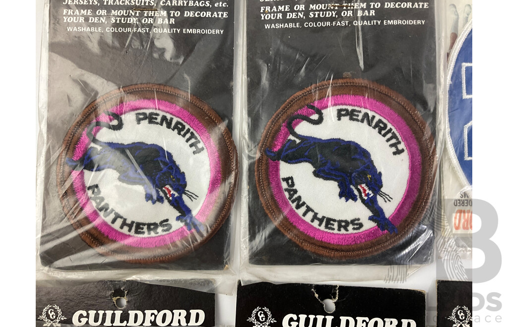 1980's Guildford ARL Teams Embroidered Patches Including New Town Jets, North Sydney Bears, Cronulla Sutherland Sharks, Penrith Panthers, All with Original Packets