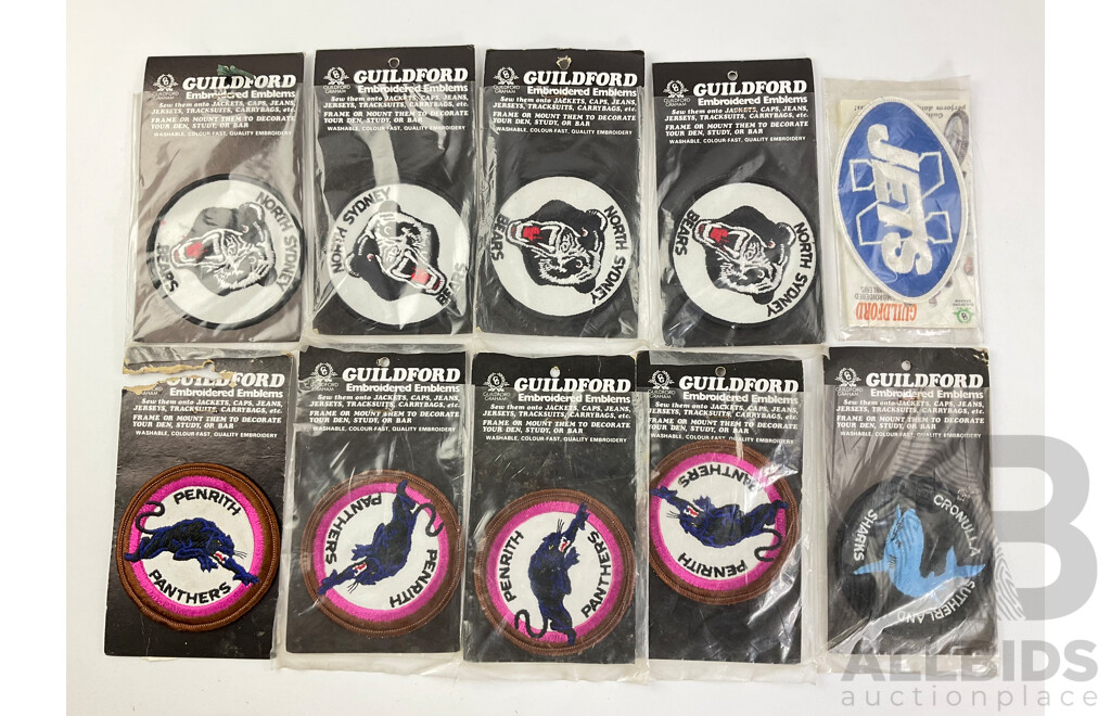 1980's Guildford ARL Teams Embroidered Patches Including New Town Jets, North Sydney Bears, Cronulla Sutherland Sharks, Penrith Panthers, All with Original Packets