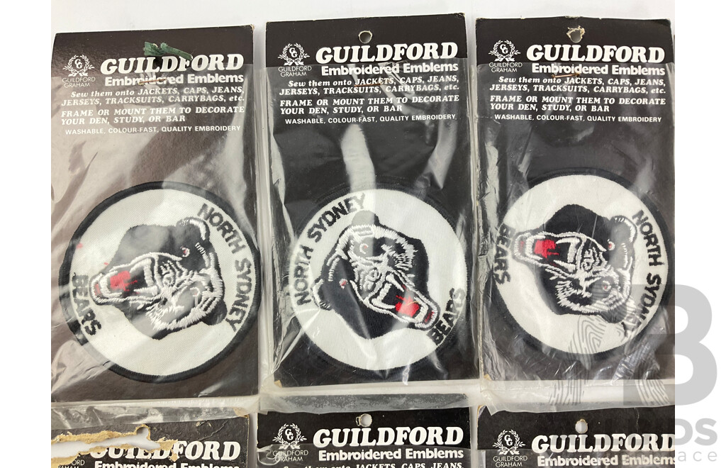 1980's Guildford ARL Teams Embroidered Patches Including New Town Jets, North Sydney Bears, Cronulla Sutherland Sharks, Penrith Panthers, All with Original Packets